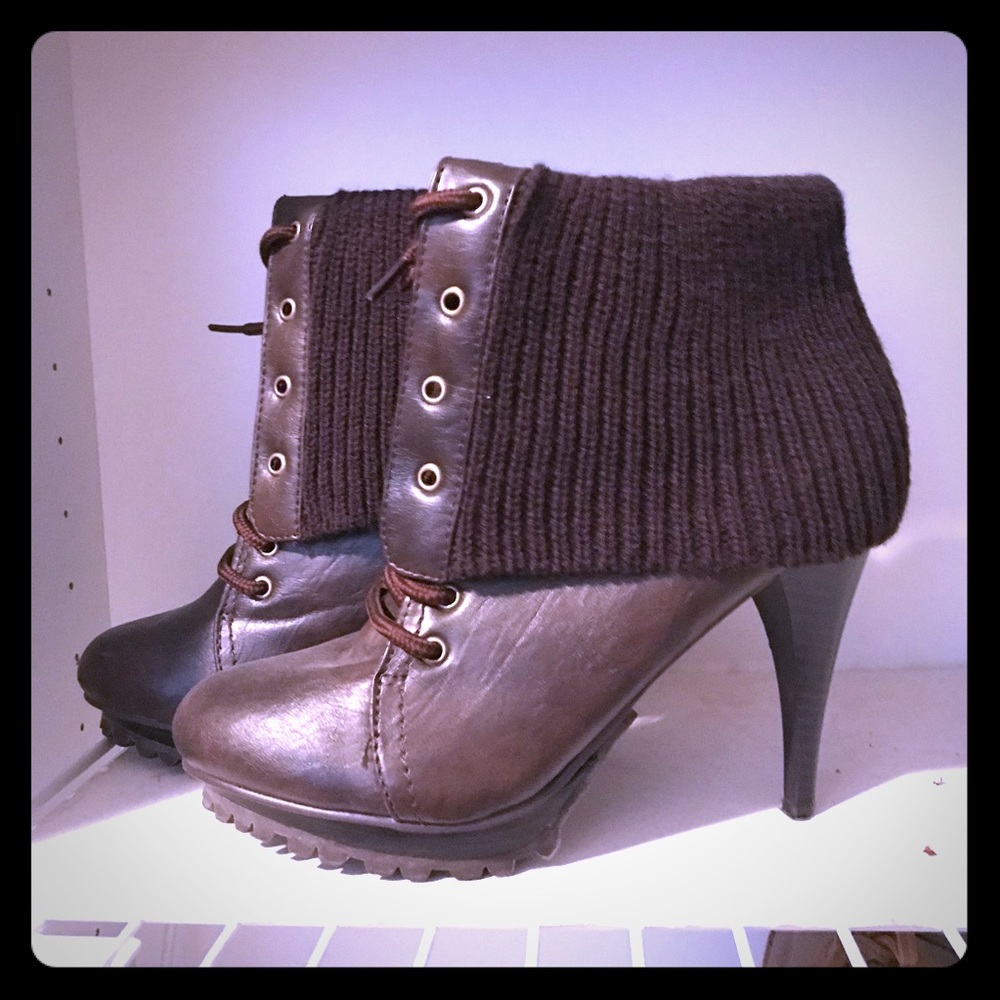 Brown Leather Knit ankle boots